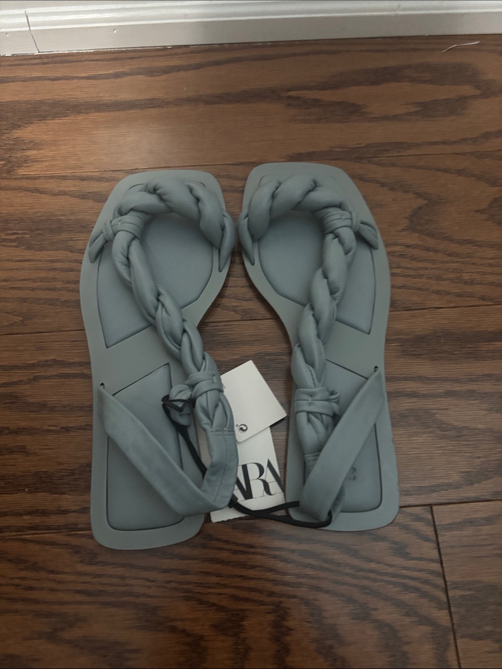 Zara Braided Strap Square-Toe Sandals in Grey